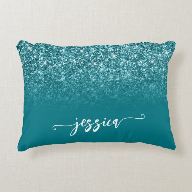 Glitterende Turquoise Glitter Ombre Moderne Script Accent Kussen (Voorkant)