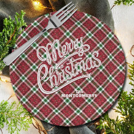 Glitterende vrolijke kerst geruit papieren bordje