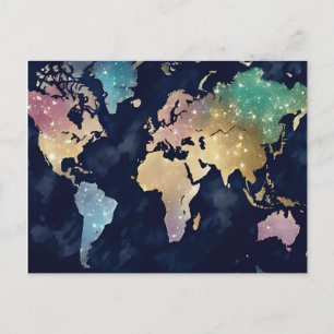 Glitterende Wereldkaart – Watercolor Reiskaart Briefkaart