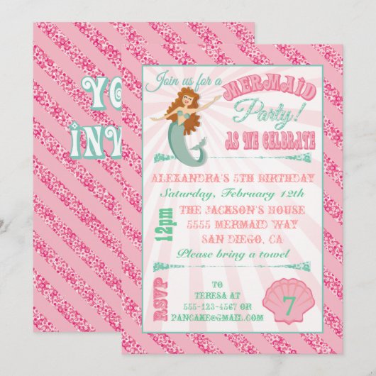 Glitterende Zeemeermin Verjaardagsfeestje Uitnodig Kaart (Voorkant / Achterkant)