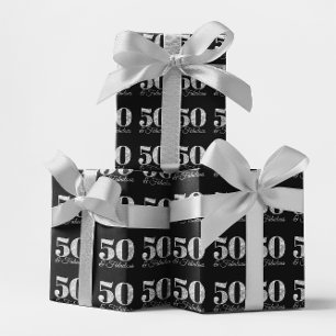 Glitterende Zilver 50 & Fabulous op Zwart Cadeaupapier