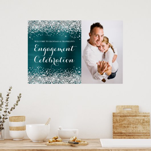 Glitterende Zilver Blauw Groen Trouwfeest Viering Poster (Keuken)