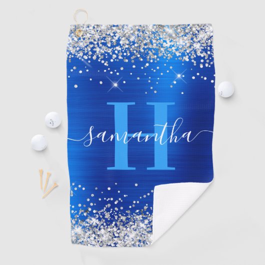 Glitterende Zilver en Koninklijk Blauwe Folie Mono Golfhanddoek (Insitu)