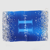 Glitterende Zilver en Koninklijk Blauwe Folie Mono Golfhanddoek (Horizontaal)