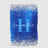 Glitterende Zilver en Koninklijk Blauwe Folie Mono Golfhanddoek (Voorkant)