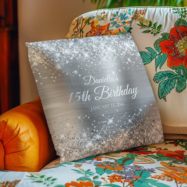 Glitterende Zilver Folie 15e Verjaardag Kussen (Glittery Silver Foil 15th Birthday Throw Pillow)