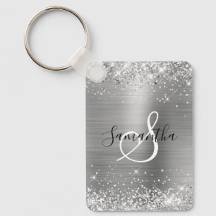 Glitterende Zilver Folie Elegante Monogramme Sleutelhanger