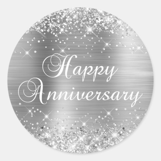 Glitterende Zilver Folie Gelukkig Jubileum Ronde Sticker (Voorkant)