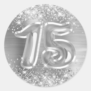 Glitterende Zilver Folie Nummer 15 Verjaardag Ronde Sticker