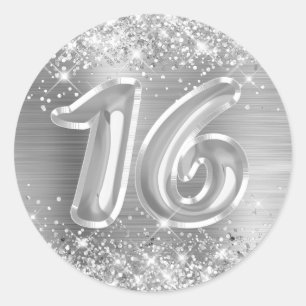Glitterende Zilver Folie Nummer 16 Verjaardag Ronde Sticker