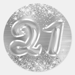 Glitterende Zilver Folie Nummer 21 Verjaardag Ronde Sticker