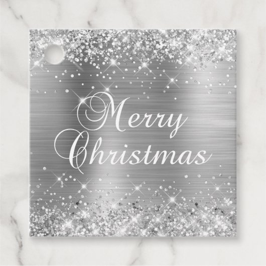 Glitterende Zilver Folie Prettig Kerst Geschenk Bedankjes Labels (Voorkant)