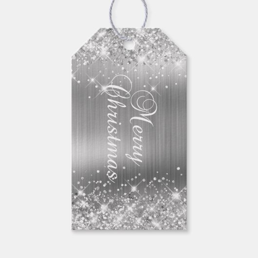 Glitterende Zilver Folie Prettig Kerstfeest Cadeaulabel (Voorkant)