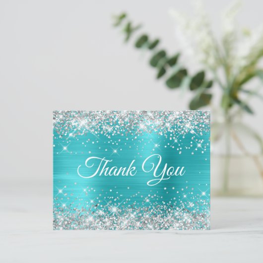 Glitterende Zilver Turkoois Blauwe Sweet 16 Dank J Briefkaart (Staand voorkant)