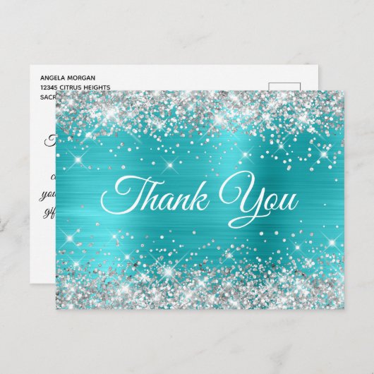 Glitterende Zilver Turkoois Blauwe Sweet 16 Dank J Briefkaart (Voorkant / Achterkant)