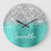 Glitterende Zilver Turquoise Glam Witte Script Naa Grote Klok (Voorkant)