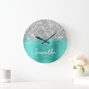 Glitterende Zilver Turquoise Glam Witte Script Naa Grote Klok