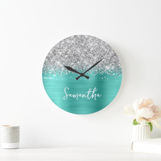 Glitterende Zilver Turquoise Glam Witte Script Naa Grote Klok (Huis)