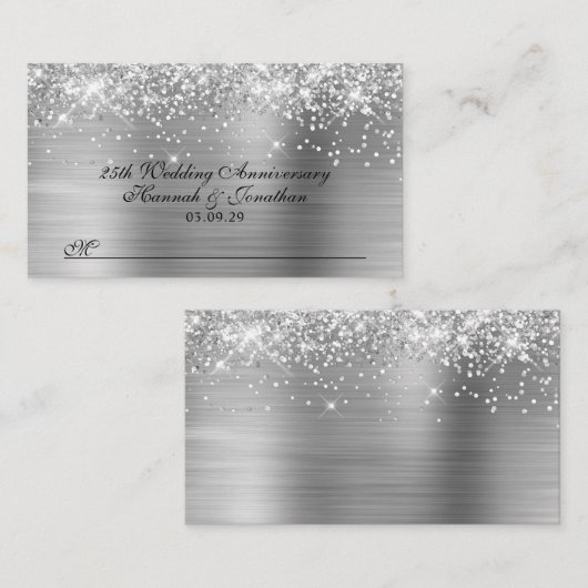 Glitterende zilveren 25e trouwdag plaatskaartje (Voorkant / Achterkant)