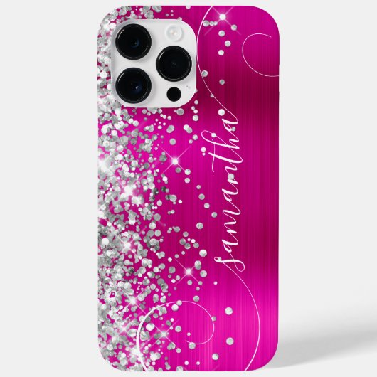 Glitterende Zilveren en Heet Roze Glam Krullende H Case-Mate iPhone Case (Achterkant)