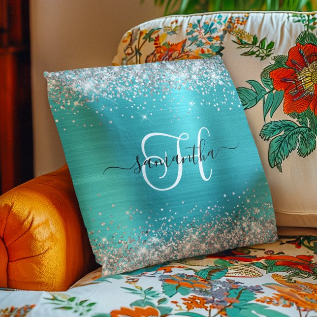 Glitterende Zilveren en Turkooisblauwe Monogram Kussen (Glittery Silver and Turquoise Blue Monogrammed Throw Pillow)