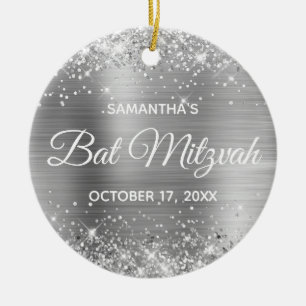 Glitterende Zilveren Folie Bat Mitzvah Keramisch Ornament