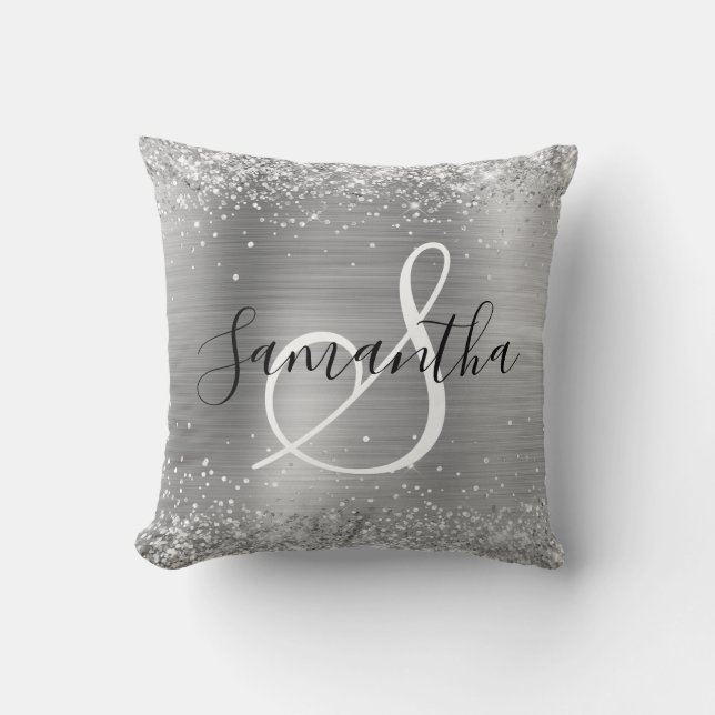 Glitterende Zilveren Folie Elegant Monogram Kussen (Voorkant)