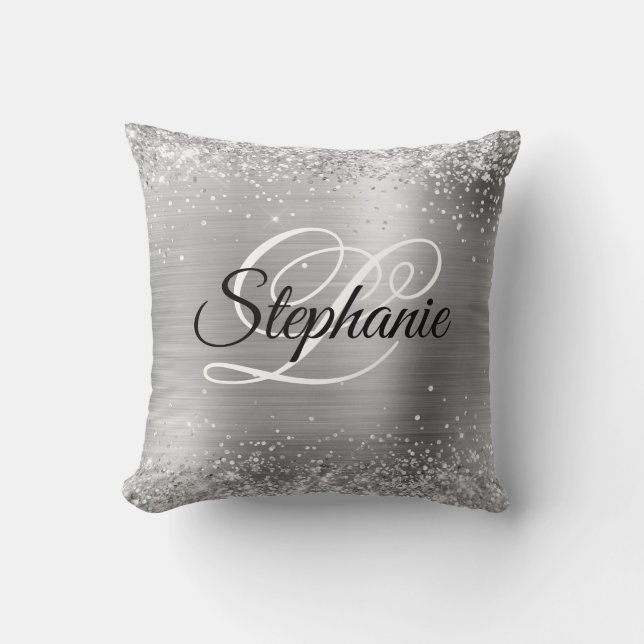 Glitterende Zilveren Folie Fancy Monogram Kussen (Voorkant)