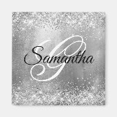 Glitterende Zilveren Folie Fancy Monogram Magneet (Voorkant)
