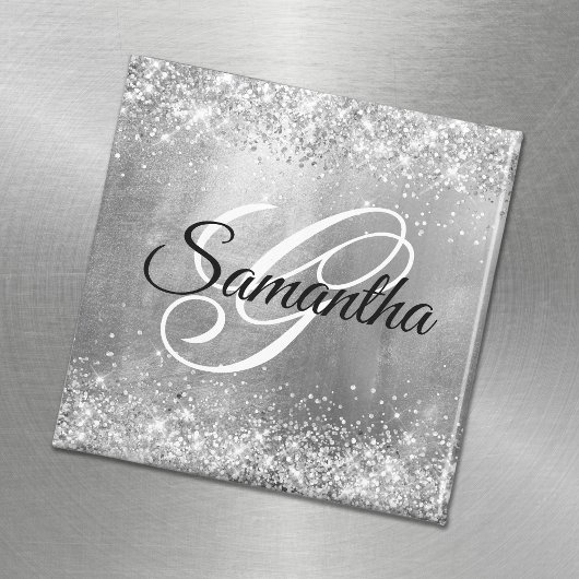 Glitterende Zilveren Folie Fancy Monogram Magneet