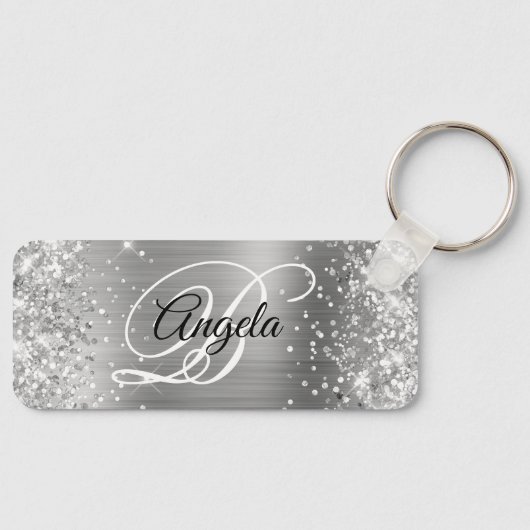 Glitterende Zilveren Folie Fancy Monogram Sleutelhanger (Voorkant)