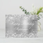 Glitterende Zilveren Folie Fancy Verjaardag Kaart (Staand voorkant)
