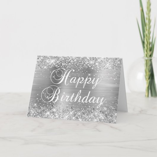 Glitterende Zilveren Folie Gelukkig Verjaardag Kaart (Voorkant)