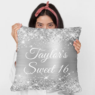 Glitterende Zilveren Folie Glam Sweet 16 Kussen