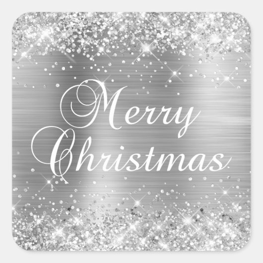 Glitterende Zilveren Folie Prettig Kerstfeest Vierkante Sticker (Voorkant)
