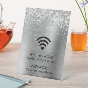 Glitterende Zilveren Folie WiFi Netwerk en Wachtwo Reclamebord Met Voetstuk