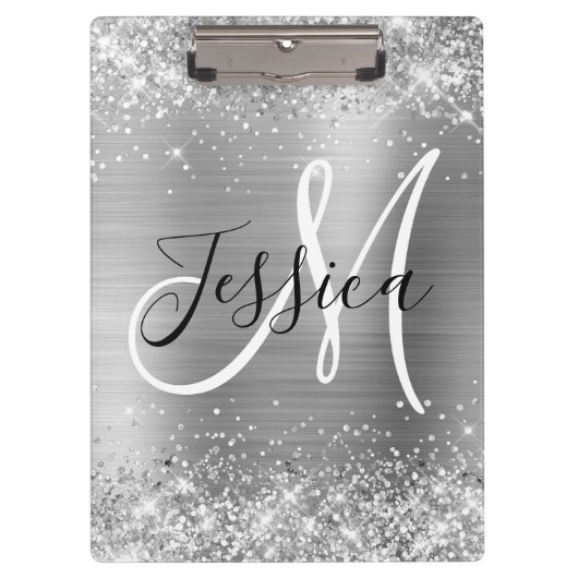 Glitterende Zilveren Folie Zwart en Wit Monogram Klembord (Voorkant)