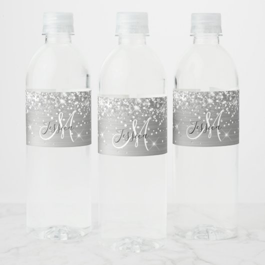 Glitterende Zilveren Folie Zwart en Wit Monogram Waterfles Etiket (Flessen)
