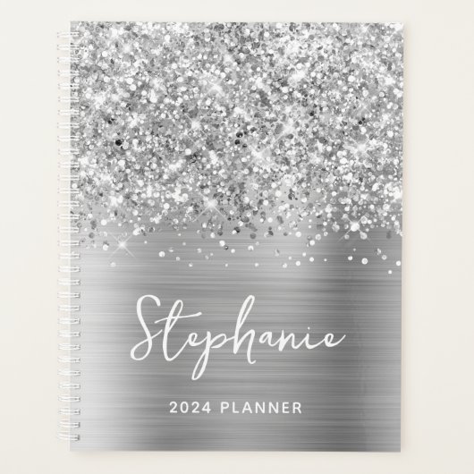 Glitterende Zilveren Glam Gepersonaliseerd 2024 Planner (Voorkant)