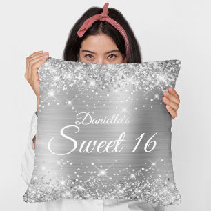 Glitterende Zilveren Glans en Folie Sweet 16 Kussen