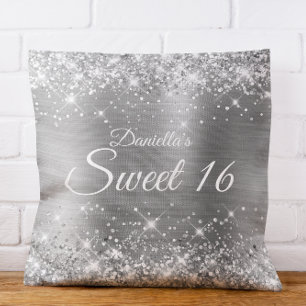 Glitterende Zilveren Glans en Folie Sweet 16 Kussen