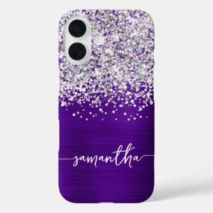 Glitterende Zilveren Glans Indigo Paarse Glam Naam iPhone 16 Hoesje