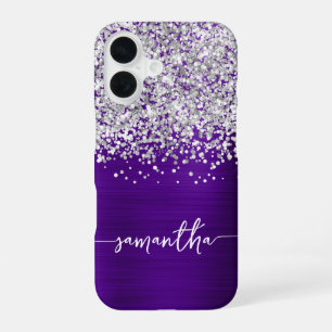 Glitterende Zilveren Glans Indigo Paarse Glam Naam iPhone 16 Hoesje