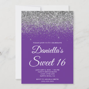 Glitterende Zilveren Glans Konings Paars Sweet 16 Kaart