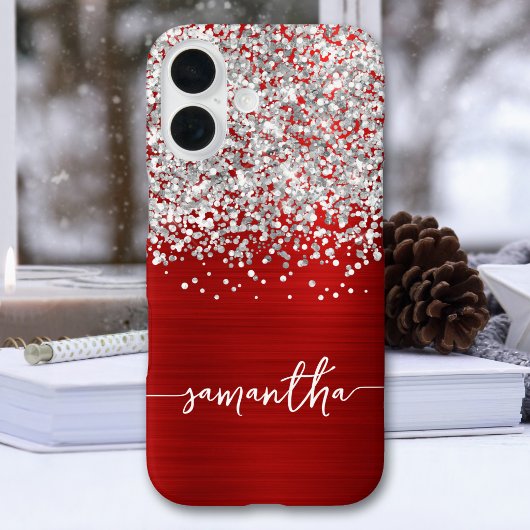 Glitterende Zilveren Glans Rode Glam Naam Case-Mate iPhone Case