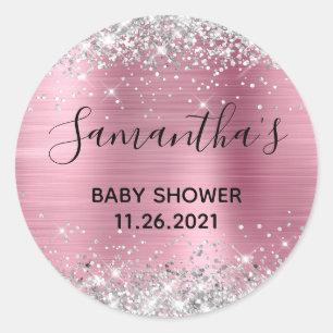 Glitterende Zilveren Glans Roze Folie Baby Shower Ronde Sticker