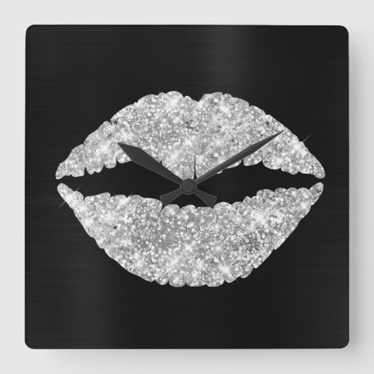 Glitterende Zilveren Glitter Lippenstift Zwarte Fo Vierkante Klok (Voorkant)