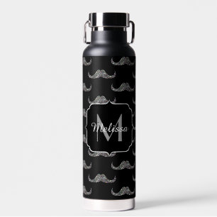 Glitterende zilveren glitters Snor zwart Monogram Waterfles