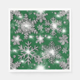 Glitterende zilveren groene feestelijke sneeuwvlok servet