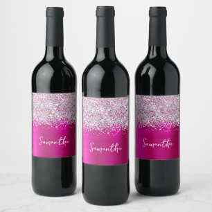 Glitterende Zilveren Roze Glam Schrift Naam Wijn Etiket
